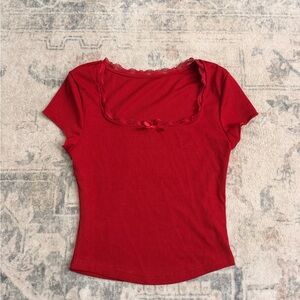 SHEIN Red Short Sleeve Top with Lace Detail
